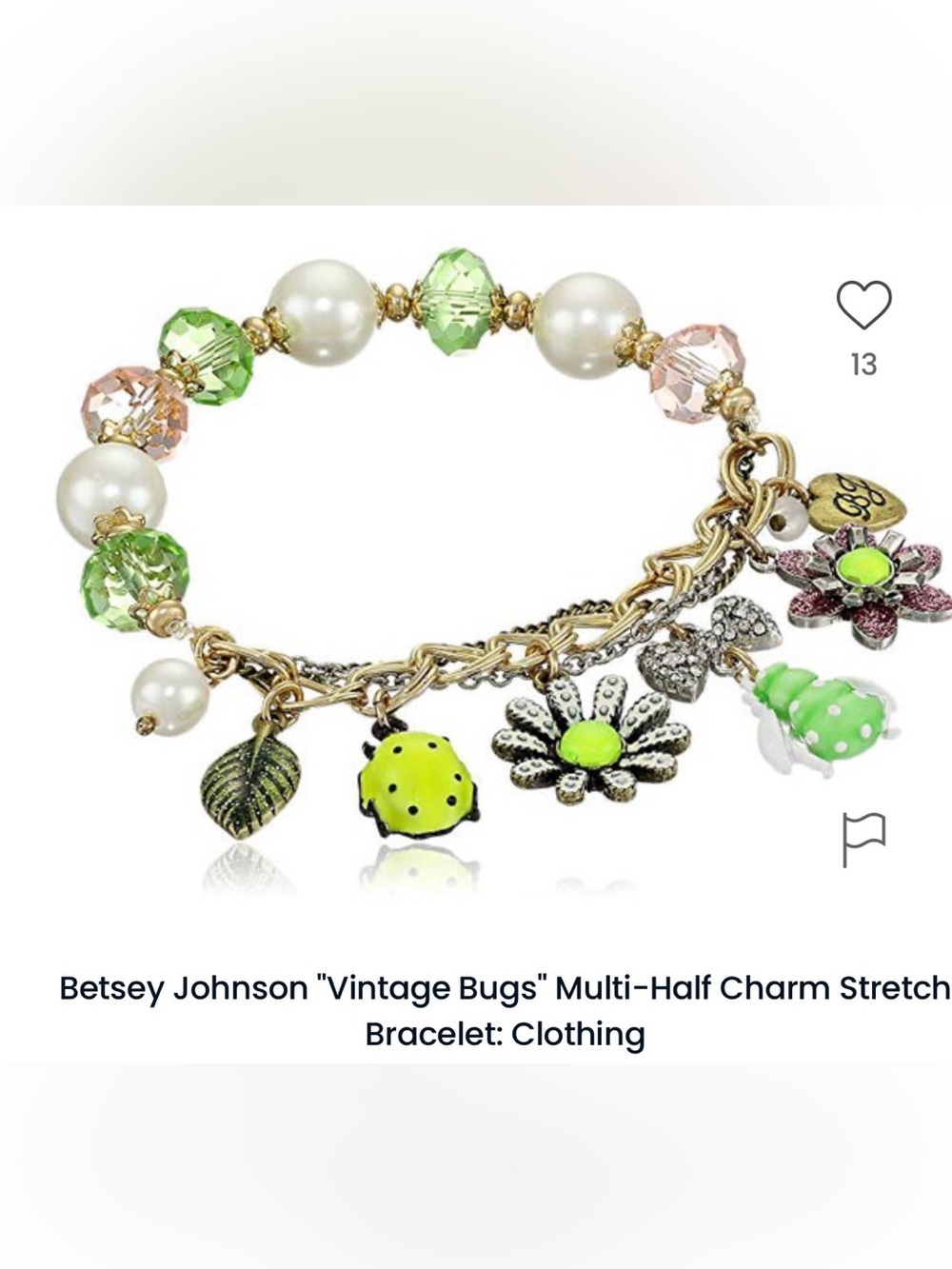 Betsey Johnson Gold-Tone Charm Bracelet with Green, Pink & Pearl Accents